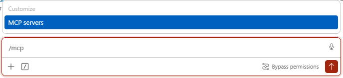 Claude Code chat input with /mcp typed and the Customize autocomplete highlighting MCP servers