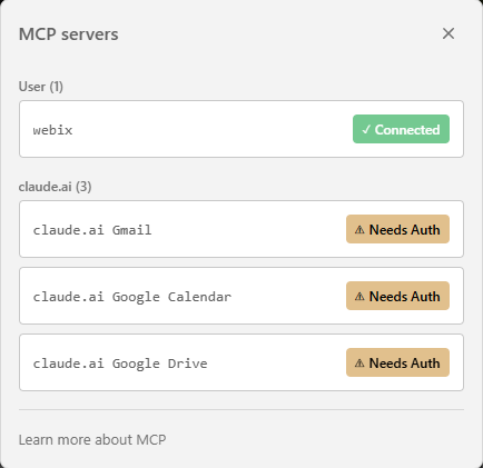 MCP servers panel showing the webix server under User with a green Connected badge