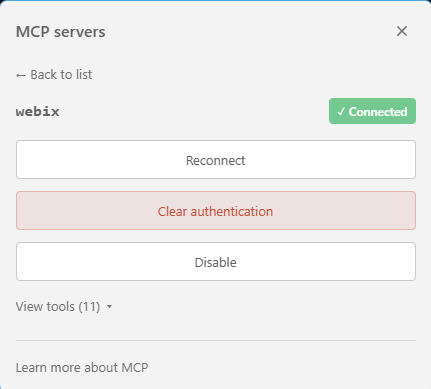 webix MCP server detail card with Reconnect, Clear authentication, Disable buttons, and a View tools (19) link