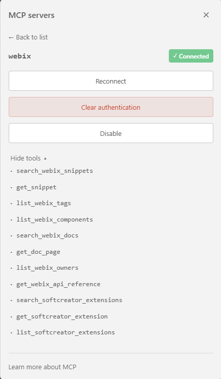 Same detail card with the tools list expanded showing the four tool groups: Webix snippets, Webix docs, SoftCreator Proto-UI, and SoftCreator UI pages