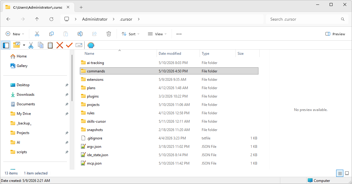 File Explorer at C:\Users\<you>\.cursor showing mcp.json and the commands subfolder