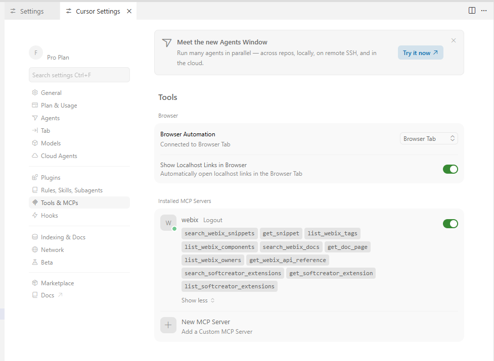 Cursor Settings → Tools & MCPs panel with the webix entry expanded showing 19 tool chips and a green dot