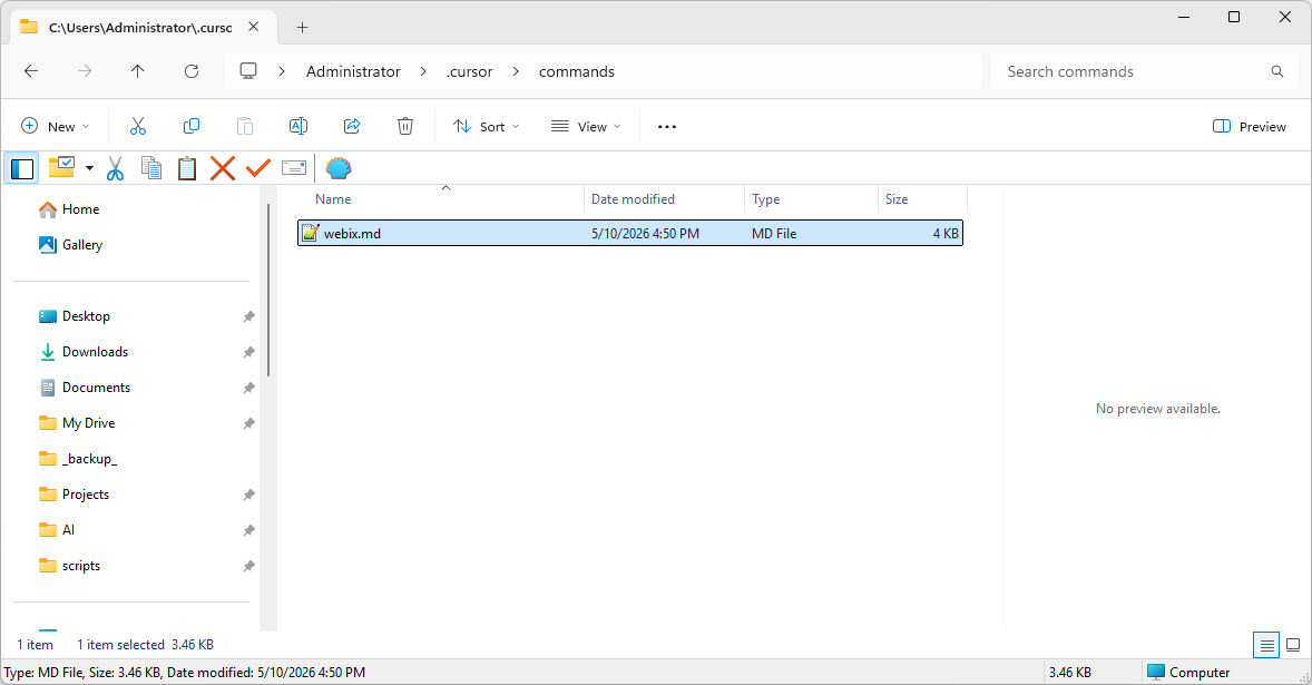 File Explorer at C:\Users\<you>\.cursor\commands showing webix.md