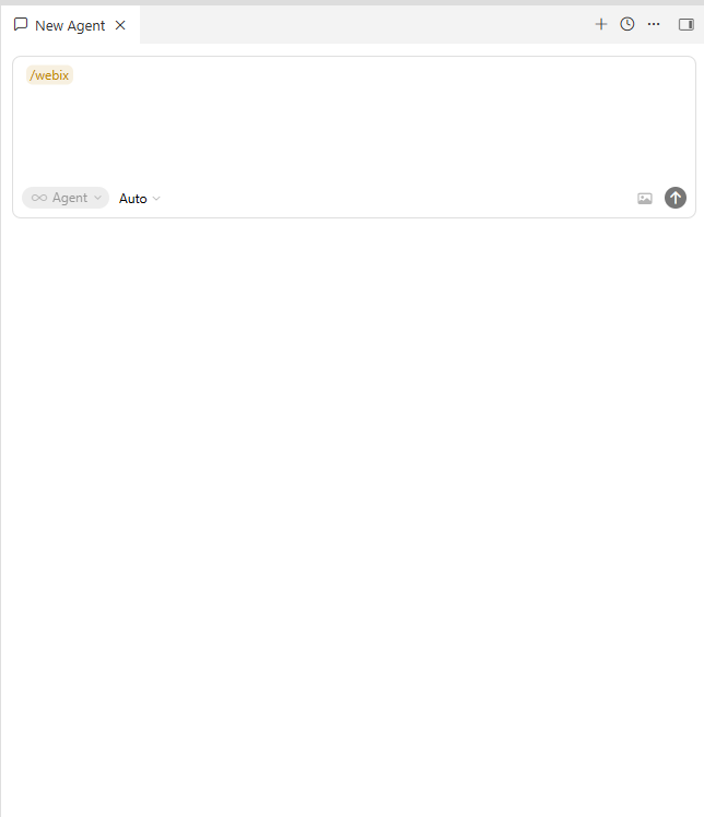 Cursor chat input with /webix typed and the Agent-mode dropdown visible at the bottom-left
