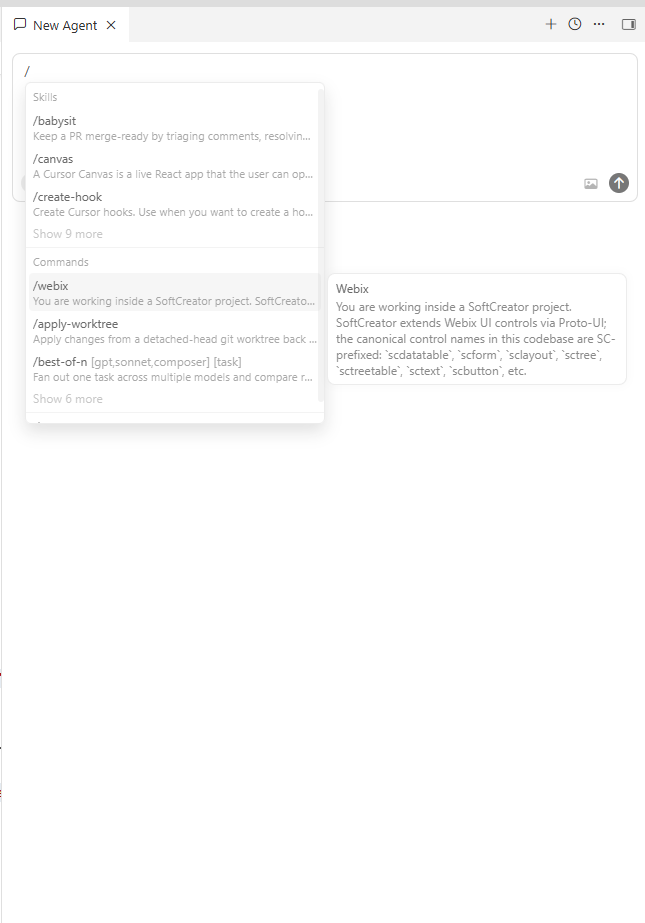 Cursor chat with the slash autocomplete popup highlighting /webix and showing its description on the right